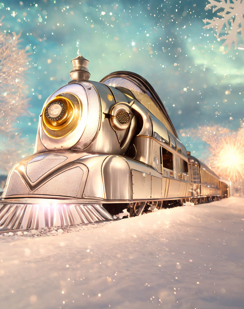 Vintage Silver Train in Snowy Sunset Landscape