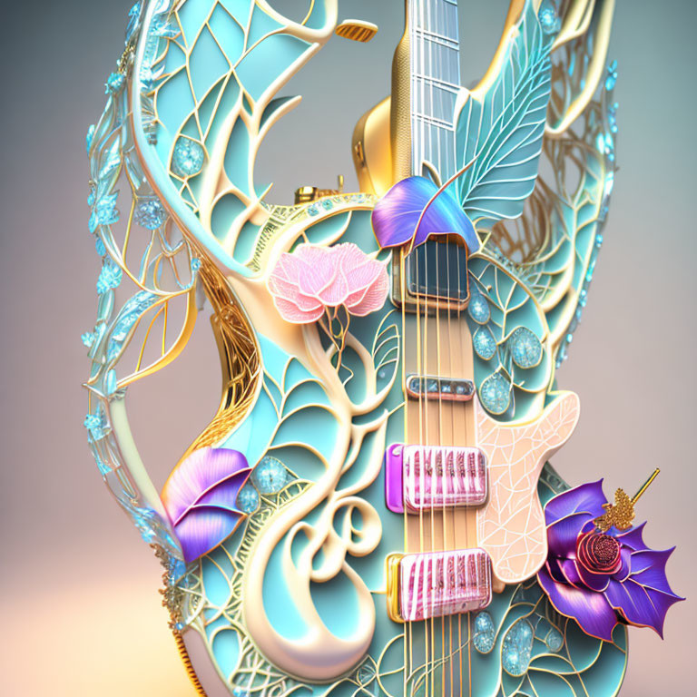 Ornate Guitar with Floral and Butterfly Motifs on Ombre Background