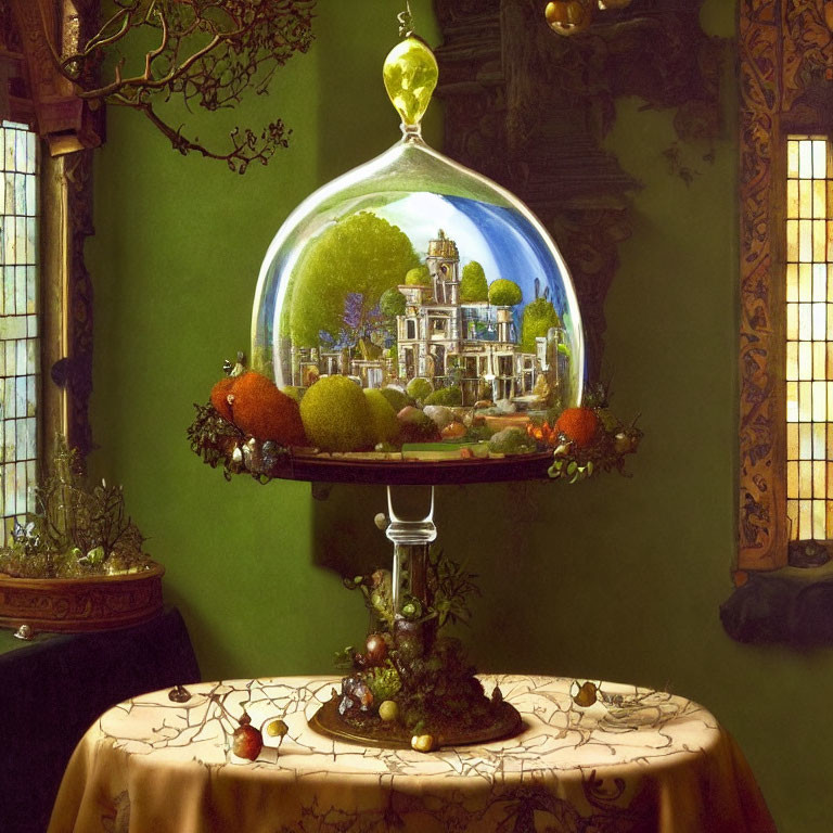 Classic still life painting: glass dome, classical building, fruits, detailed table, warm lighting