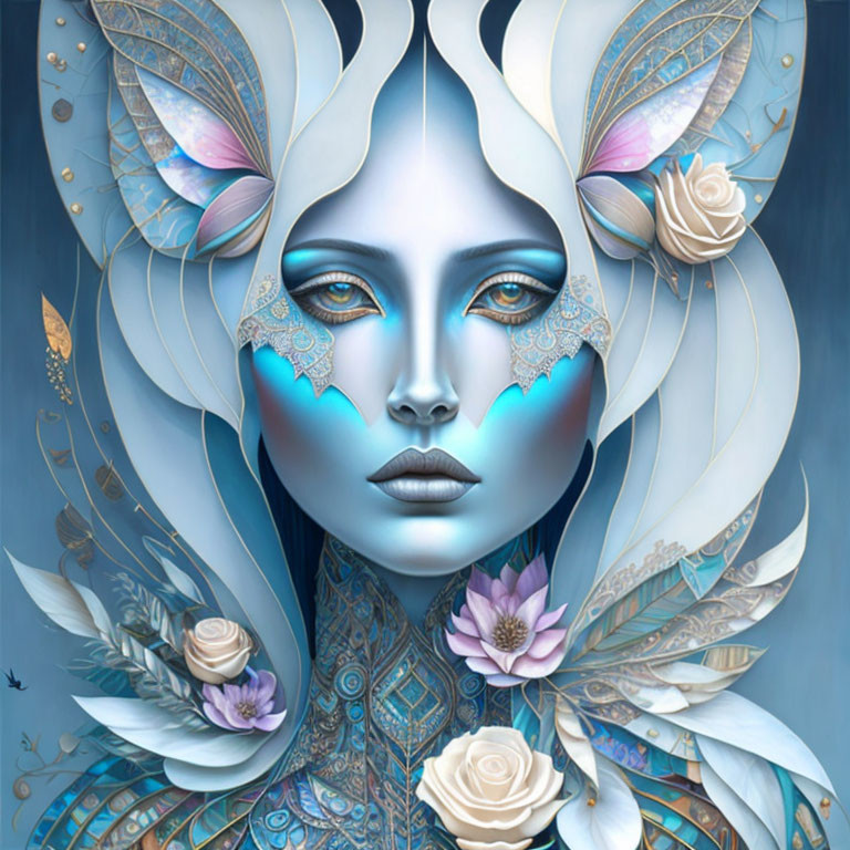 Surreal portrait of woman with blue skin and ornate headpiece