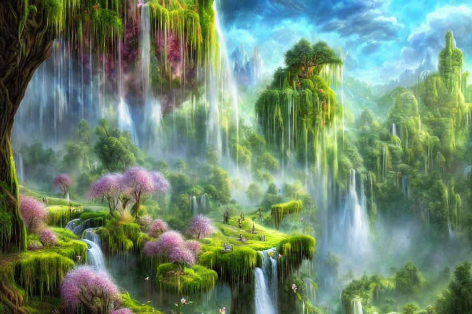 Verdant cliffs, blooming trees, and glowing light in fantastical landscape