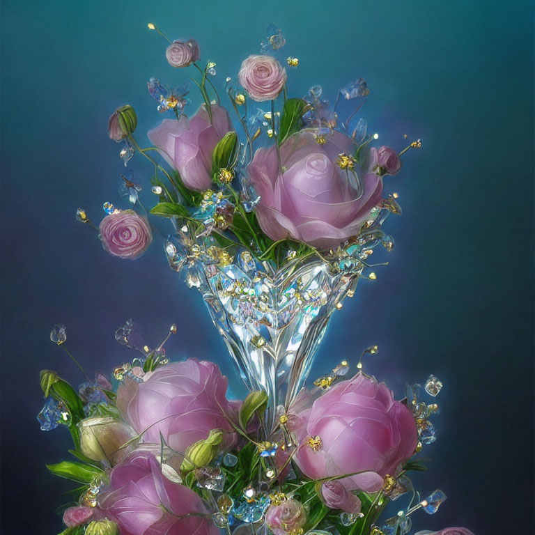 Pink Roses and Flowers in Crystal Vase on Teal Background