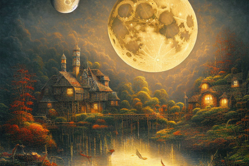 Detailed old house by a lake under a vivid moon