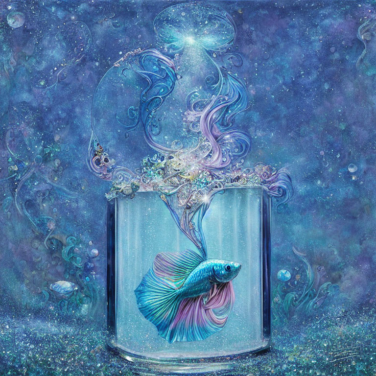 Blue Betta Fish in Glass Jar with Whimsical Smoke and Bubbles on Cosmic Background