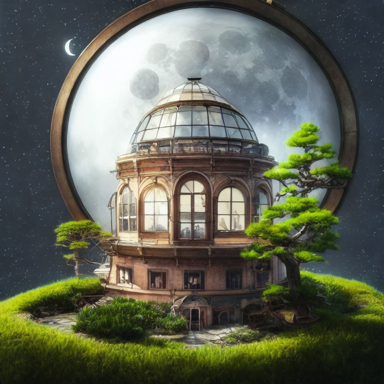 Glass dome observatory on lush island with moon and stars, bonsai tree, crescent moon