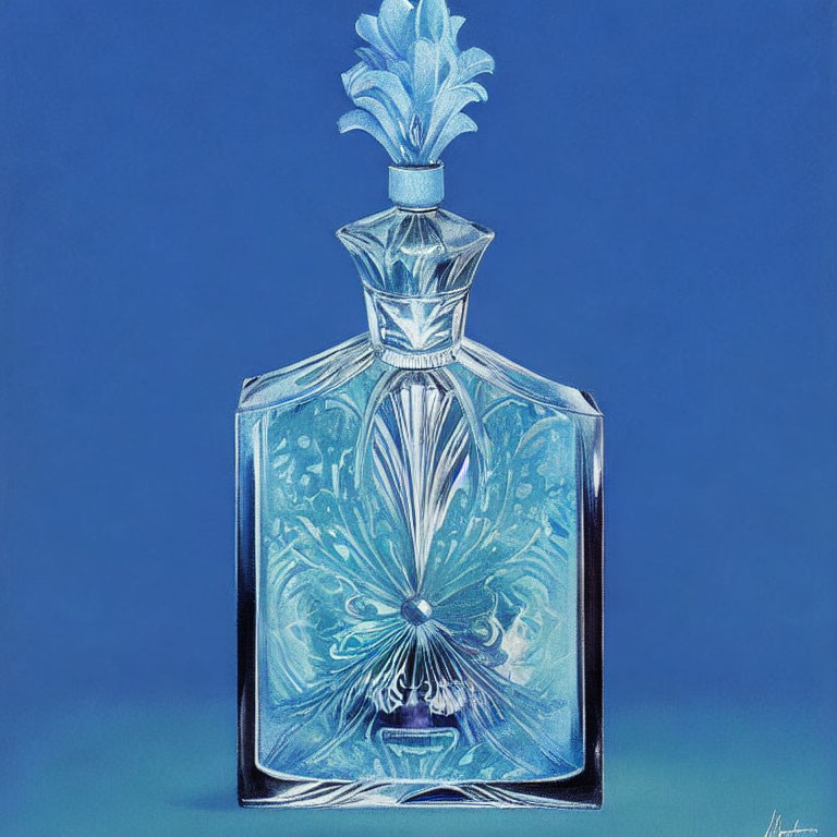 Detailed illustration of ornate glass perfume bottle with intricate designs and decorative stopper on blue backdrop