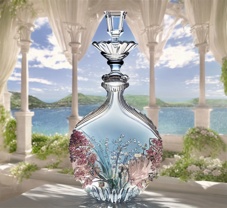 Ornate glass perfume bottle with floral designs on table with classical columns and serene lake view