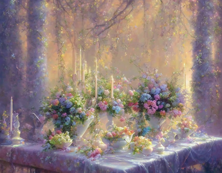 Ethereal forest table with floral arrangements and candles