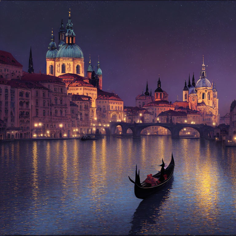 Gondola on river with illuminated buildings at twilight