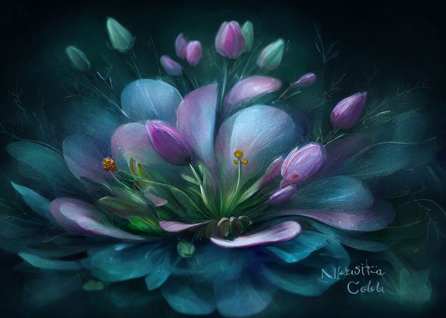 Mystical bouquet digital painting with pink and white flowers and dark foliage