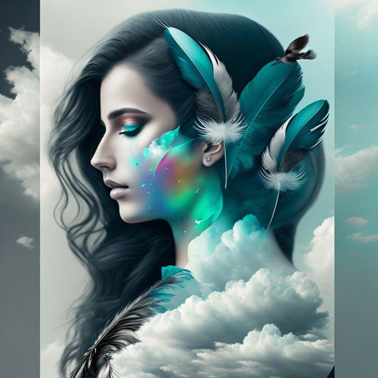 Woman's profile merged with feathers and celestial elements on sky background