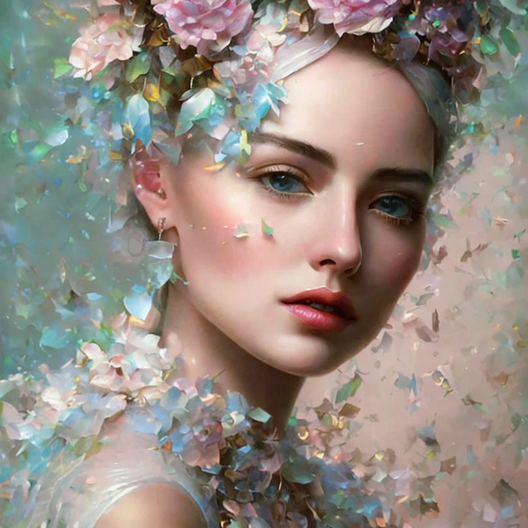 Portrait of Woman with Pale Skin, Blue Eyes, Flower Petals, and Glitter
