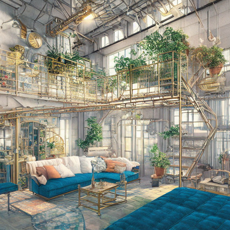 Spacious industrial loft with mezzanine, green plants, modern furniture, skylights.