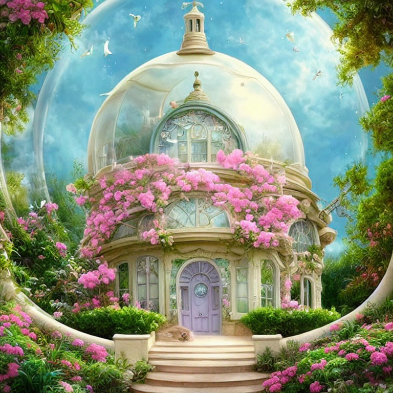 Glass-domed building in lush greenery with pink flowers under blue skies