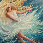 Blonde woman in flowing dress with water-like effect