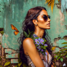 Wavy-Haired Woman with Sunglasses Surrounded by Greenery and Butterfly on Turquoise Wall