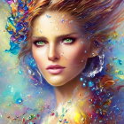 Fantasy portrait of a woman with golden hair ornaments & celestial backdrop