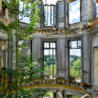 Spacious Room with Gothic Windows, Greenery, Sofa, and Table