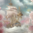 Fantastical airship among clouds and pink roses with golden accents