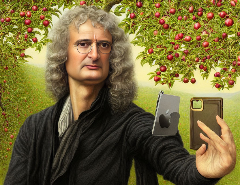 Illustration of Isaac Newton with smartphones under apple tree, symbolizing gravity discovery