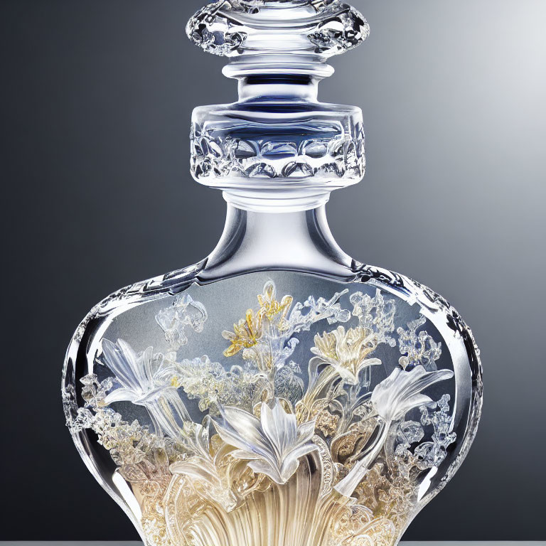 Intricate floral patterns on crystal perfume bottle, set on gray gradient.