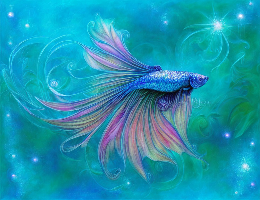 Colorful Betta Fish Illustration with Elaborate Fins on Turquoise Background