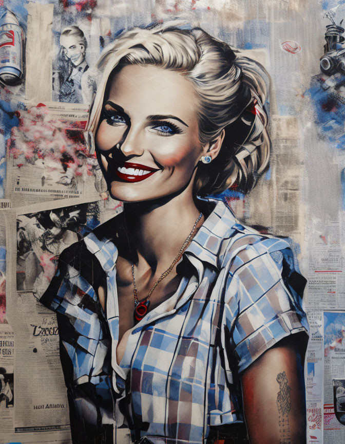 Stylized portrait of smiling woman with blonde hair and blue earrings on newspaper collage