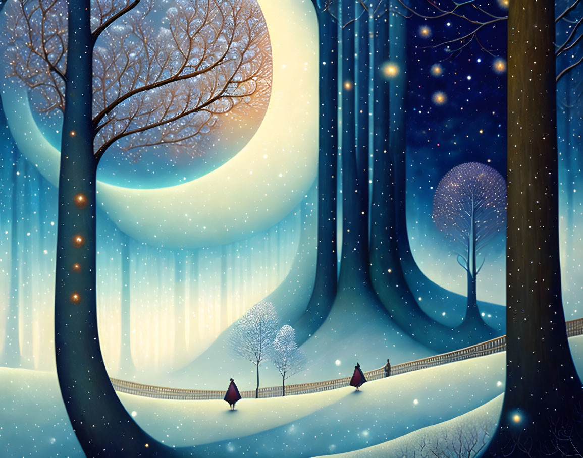 Snowy trees, figures walking, stars in night sky: Whimsical winter scene.