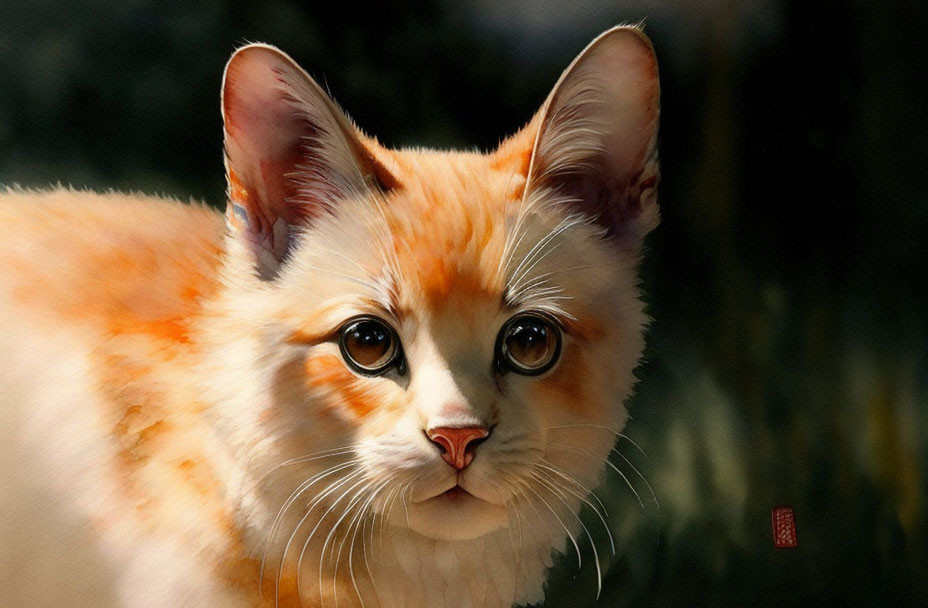 Orange and White Cat with Large Ears and Wide Eyes on Blurred Green Background