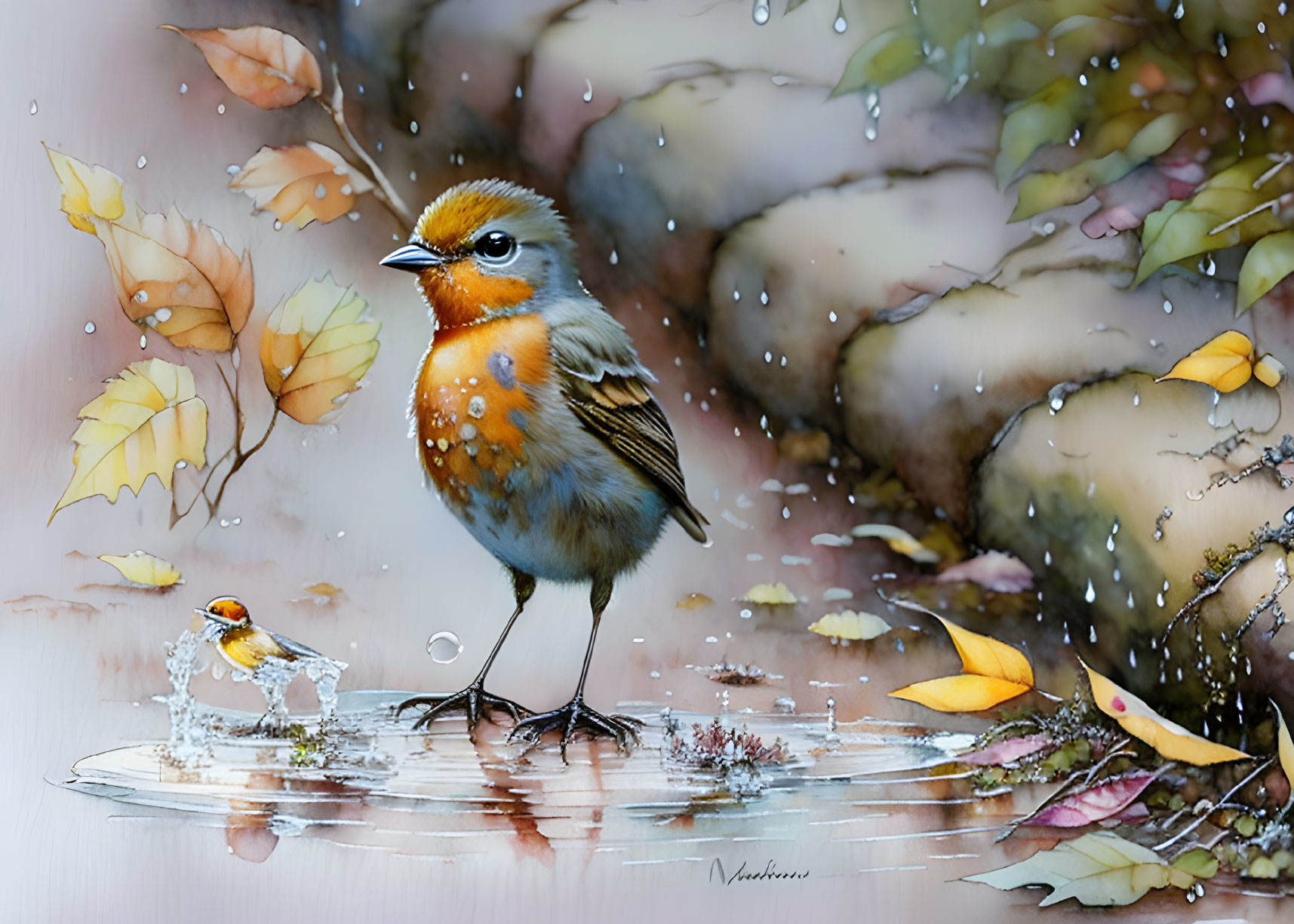 Stylized birds on watercolor background with autumn leaves and raindrops