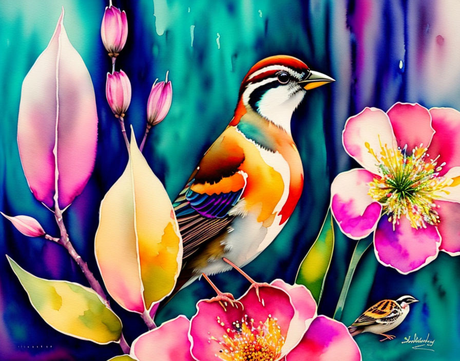 Colorful bird on branch with pink flowers in watercolor art