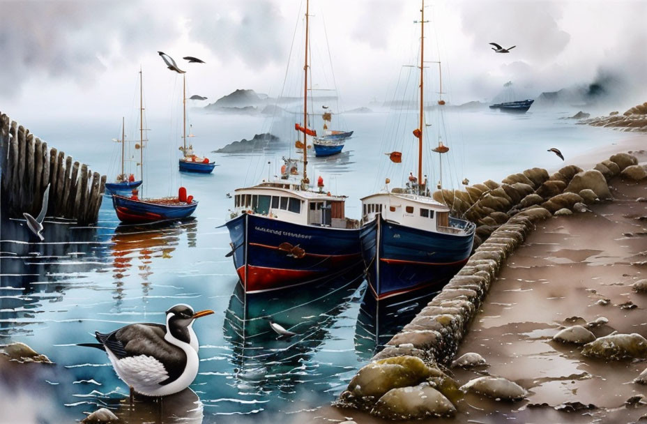 Tranquil harbor with boats, duck, misty skies, distant ships, and lapping water