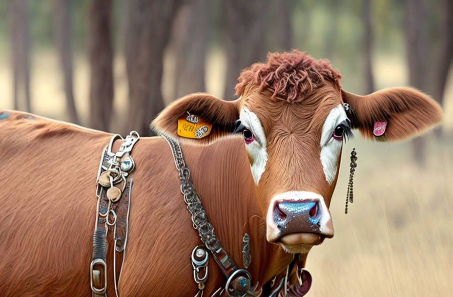 Brown cow with chain and ear tags in field with blurred trees.