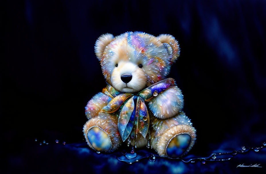 Colorful glittering teddy bear with bow tie on dark blue background with star-like water droplets