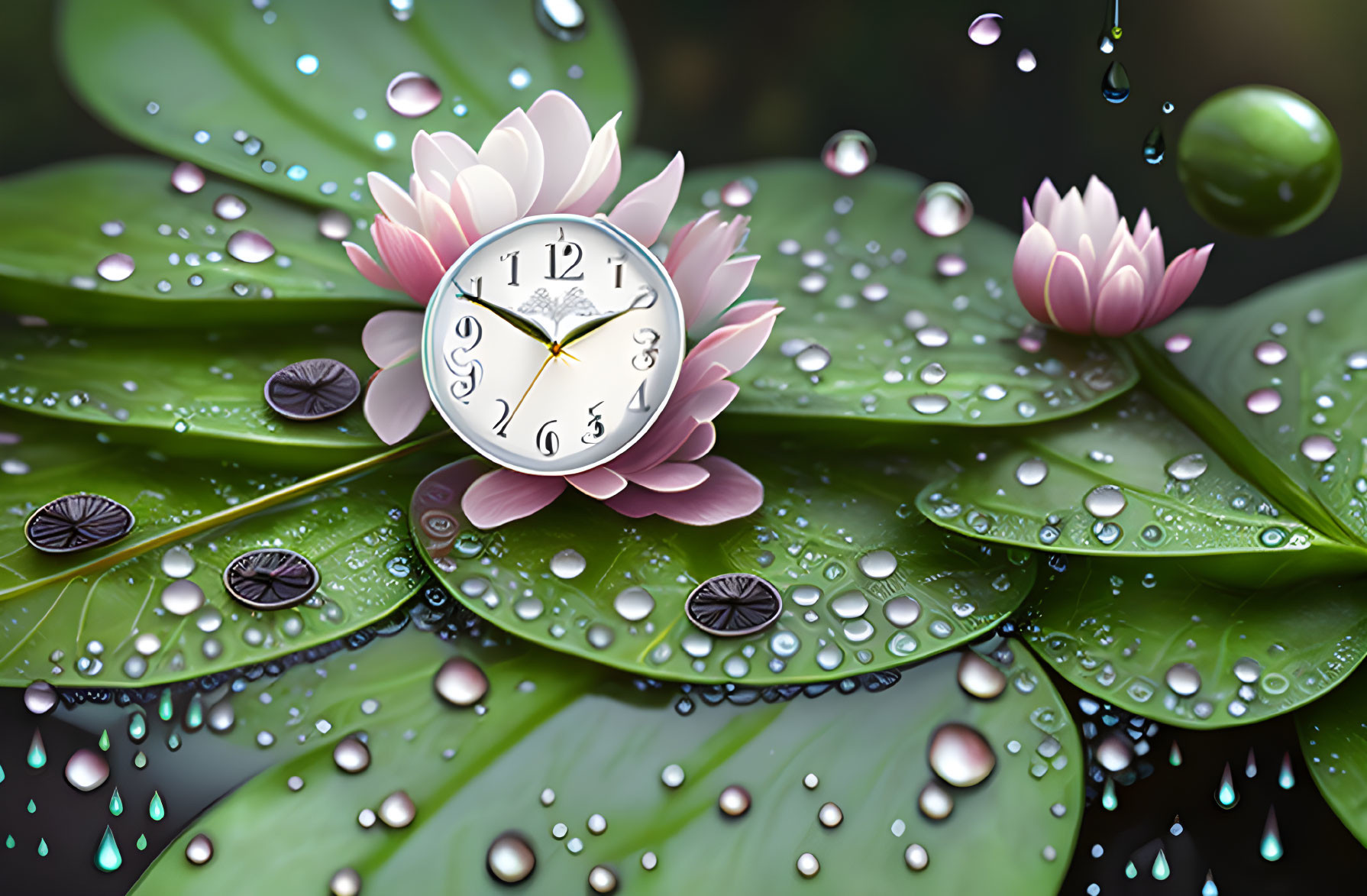 Surreal clock and lotus flower on dew-covered leaves with water droplets