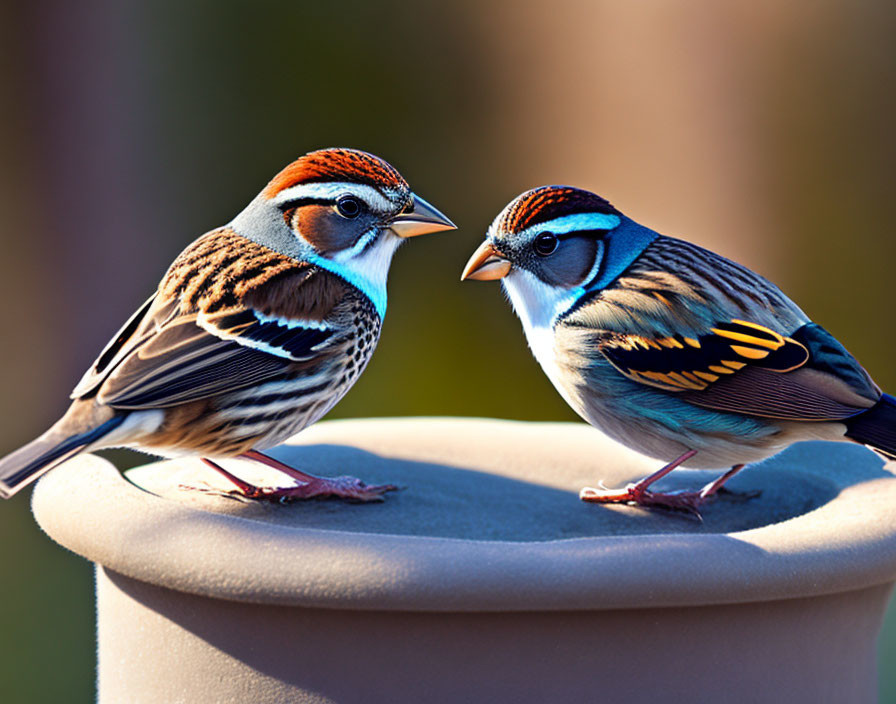 Colorful sparrows perched on beige object in soft-focus background