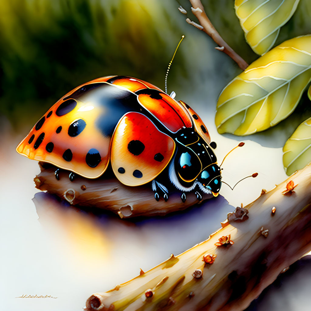 Detailed ladybug digital illustration on plant stem with reflections.