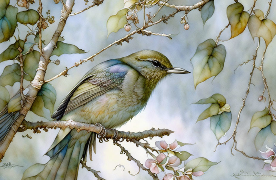 Bird perched on branch with delicate leaves and pink flowers in watercolor