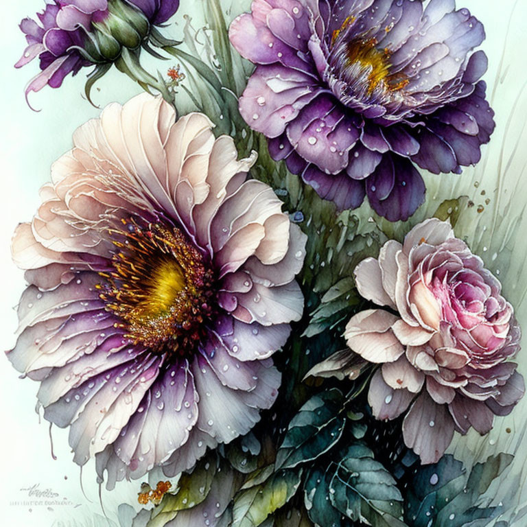 Vibrant watercolor painting of detailed purple bouquet