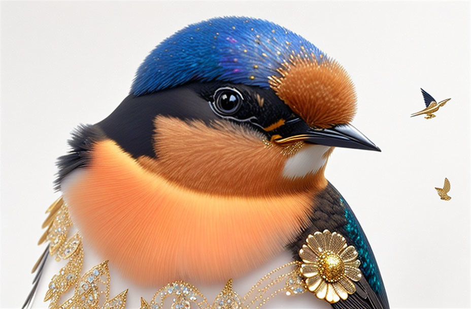 Colorful Bird Artwork with Blue, Orange, and Gold Patterns