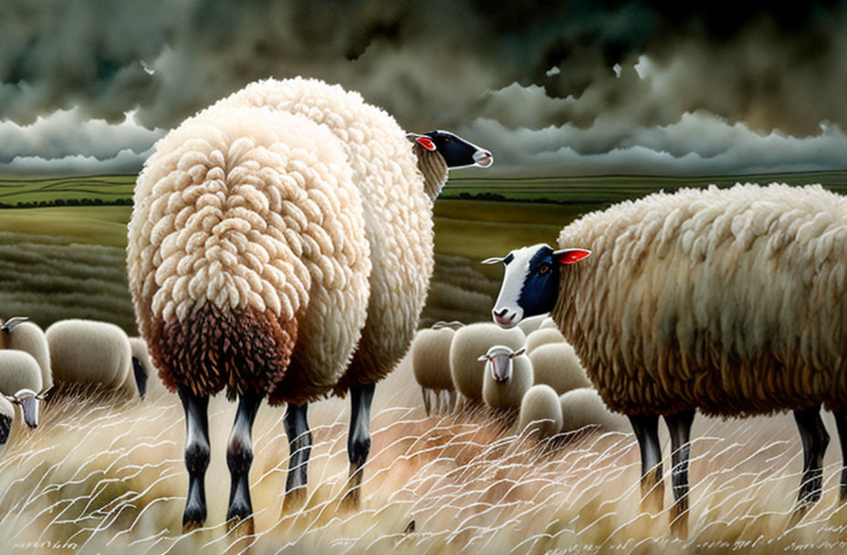 Thick-wool sheep in field under stormy sky
