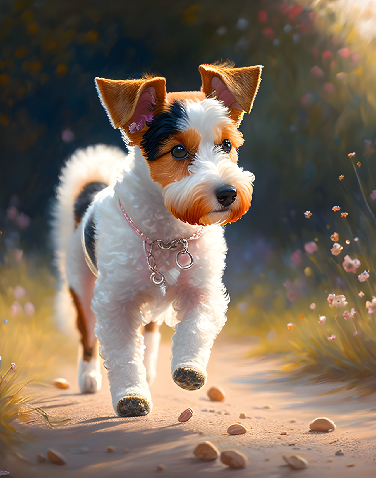 Tri-color Jack Russell Terrier on dirt path with pink flowers.