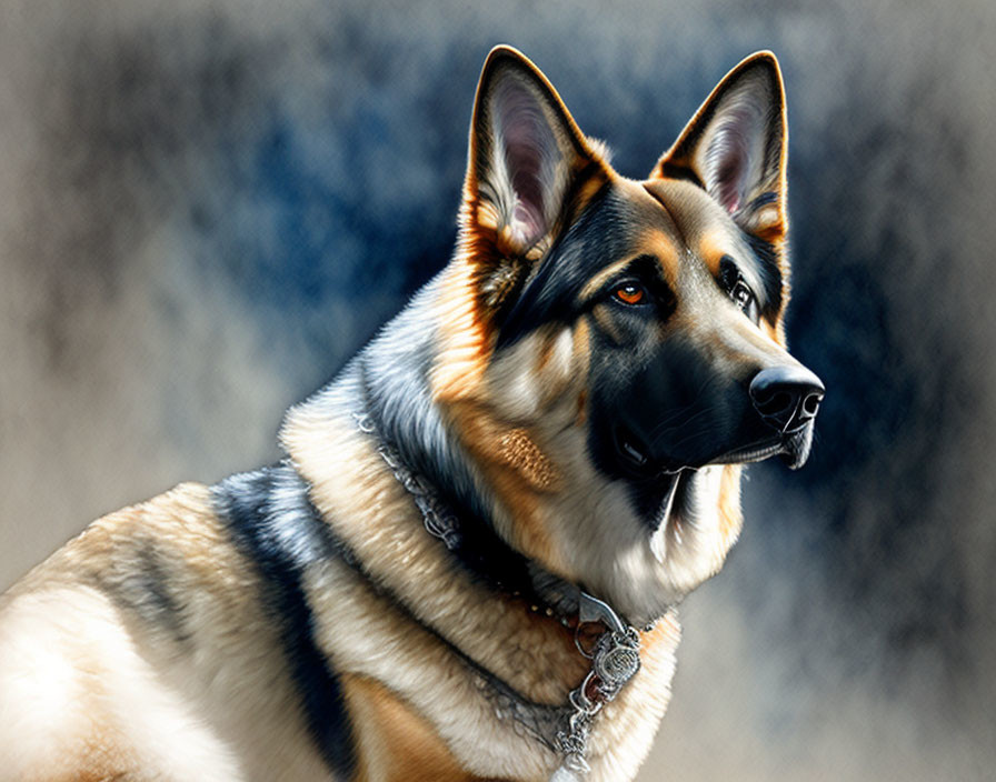 Focused German Shepherd Dog with Chain Collar on Grey Background