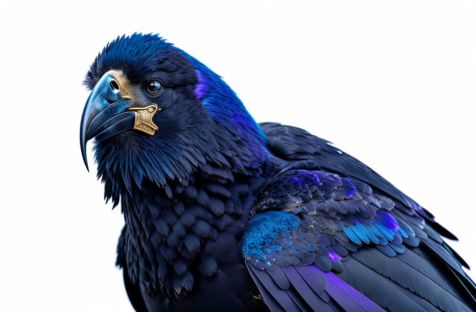 Vibrant raven with blue and purple feathers on white background