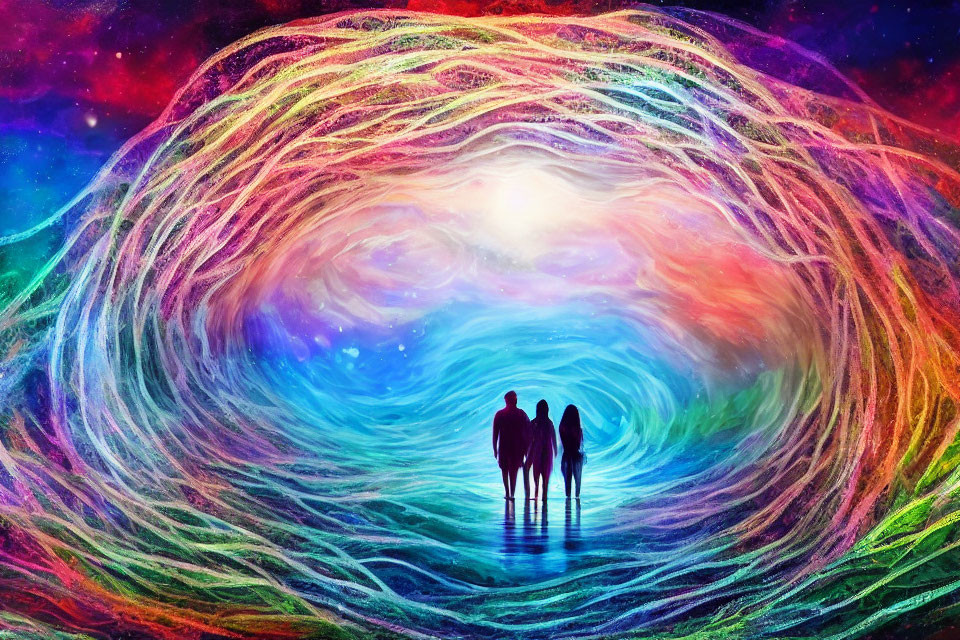 Colorful cosmic tunnel with silhouettes of three people walking.