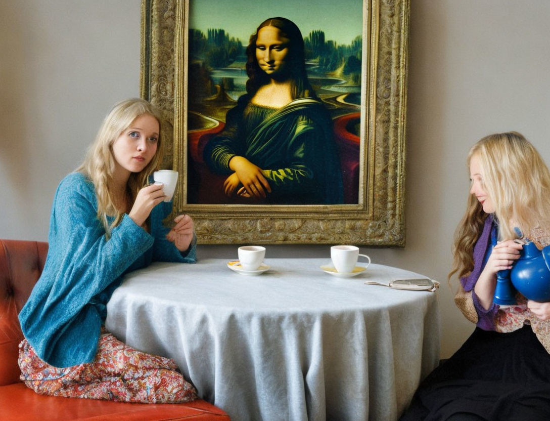 Two women at table with tea cups and balloon next to Mona Lisa painting