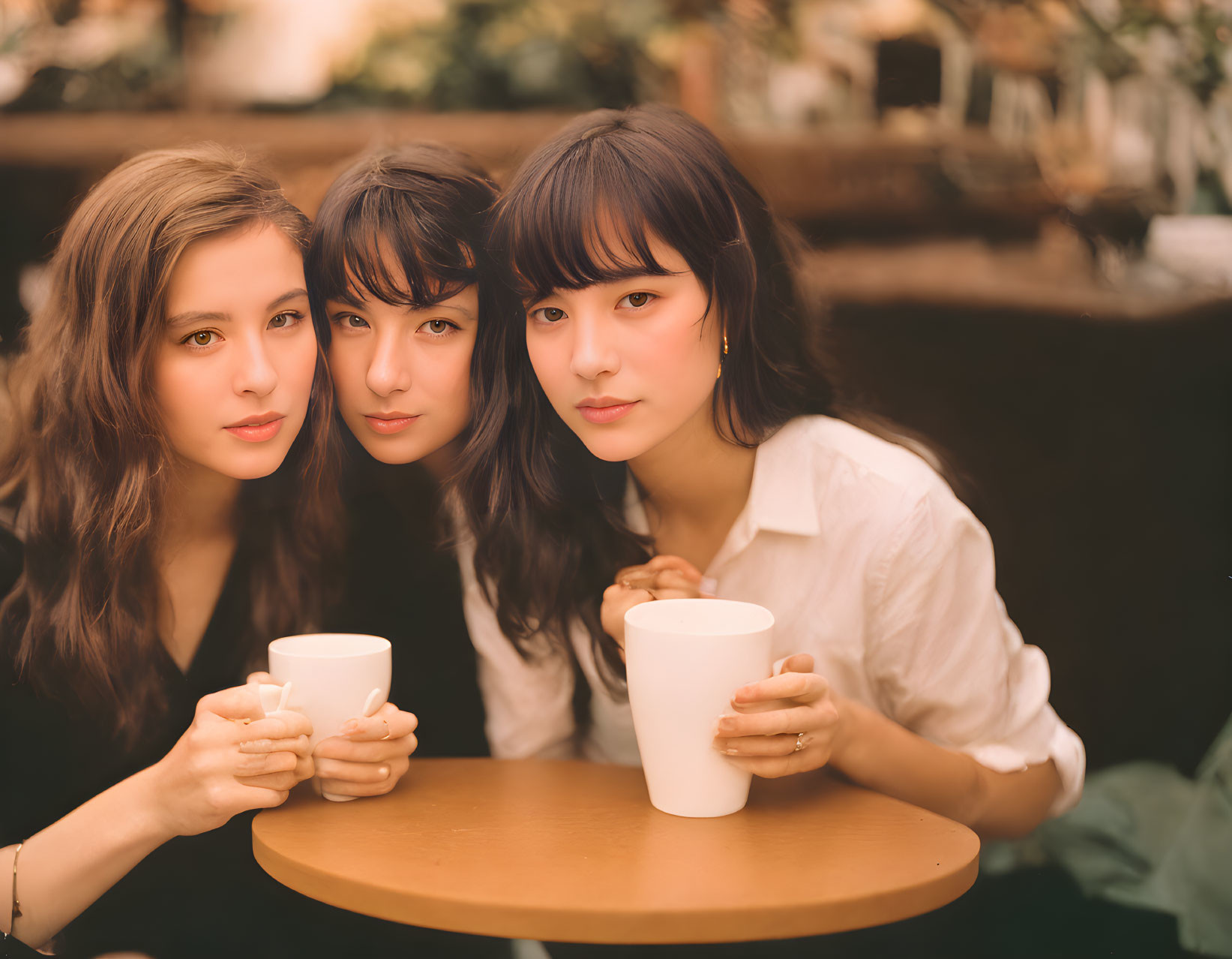 Three women holding white mugs at a table in soft-focus setting