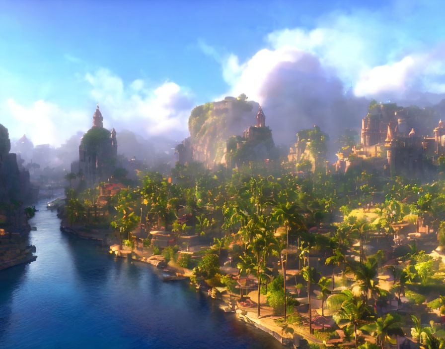 Sunlit city with palm trees, waterways, ancient structures in misty greenery