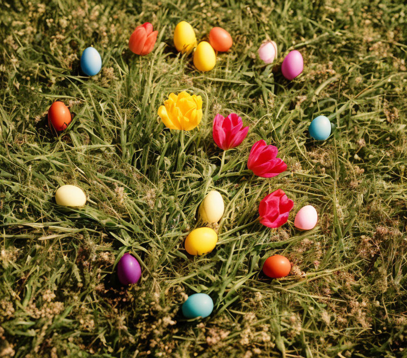 Vibrant Easter eggs among blooming tulips on grassy field