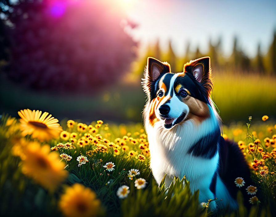 Shetland Sheepdog in Sunlit Field with Vibrant Flowers